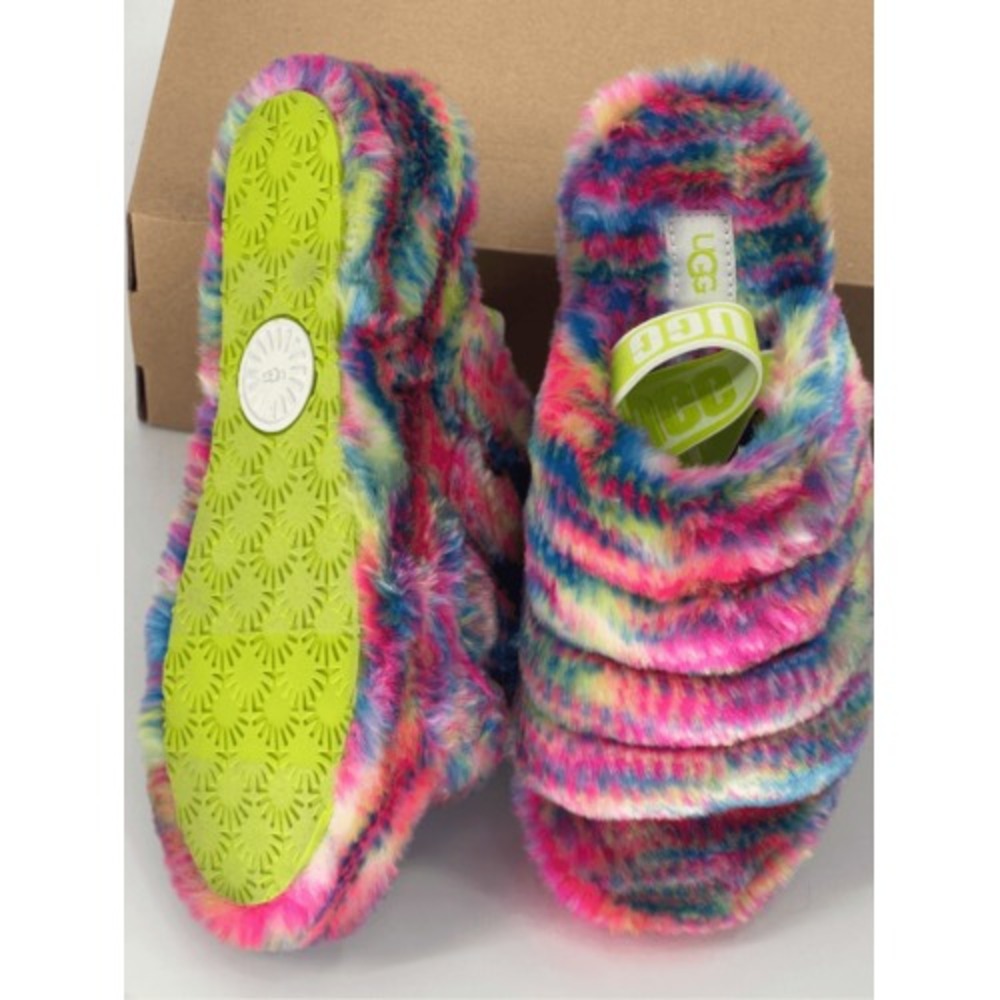 UGG Slippers Women 6 Rainbow Fluff Yeah Pixelate Faux Fur New‎ - Picture 7 of 8